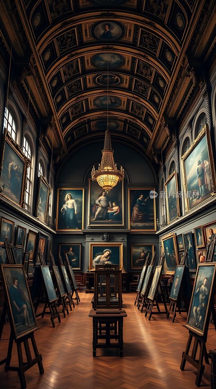 艺术殿堂古典画作与华丽吊灯共舞