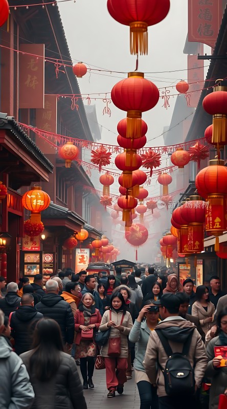 春节庙会人潮涌动红灯笼高高挂起热闹非凡