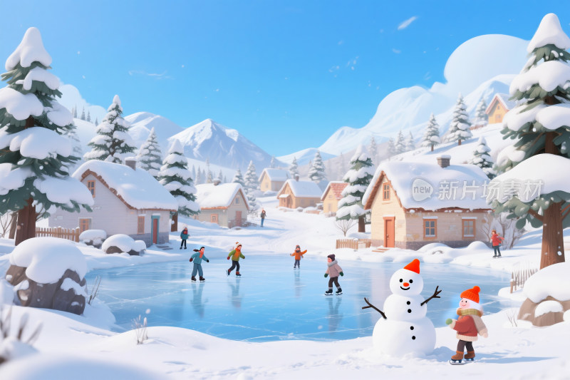 冬季童话般的雪景和孩子们堆雪人