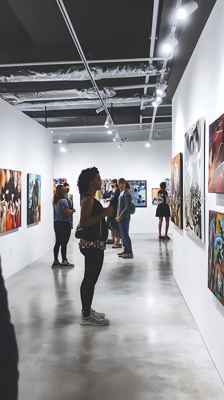 艺术馆内参观者欣赏画作