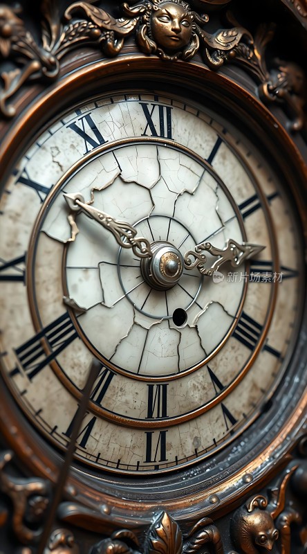 古铜色时钟表盘破碎罗马数字清晰可见