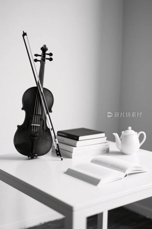 桌上的小提琴与书籍茶具