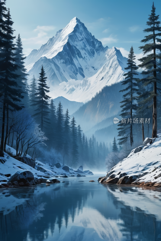 雪山湖泊和树木高清风景插图片