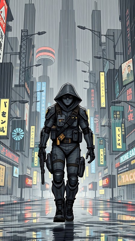 雨夜城市中的神秘战士