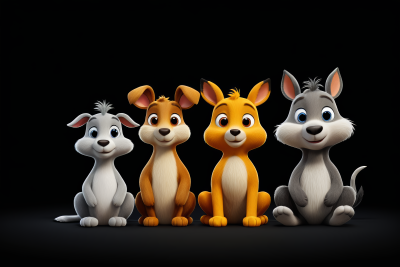 三只卡通狗和一只猫在一起图片