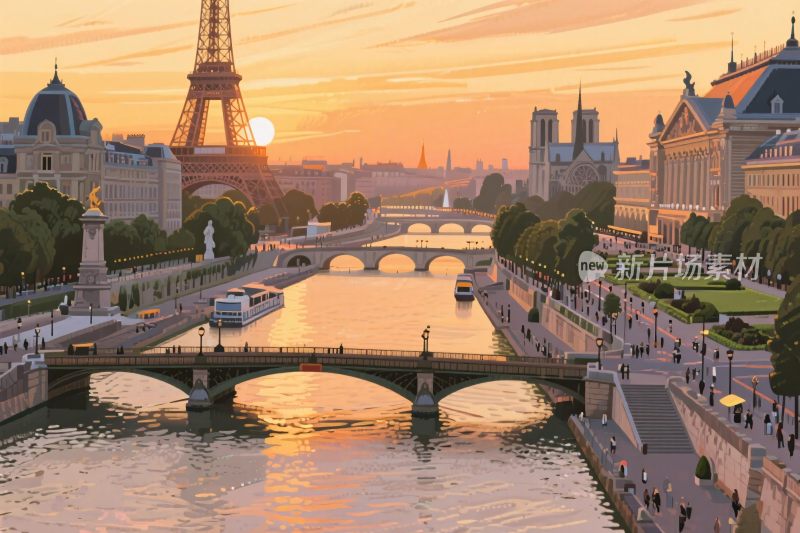 巴黎塞纳河傍晚风景图