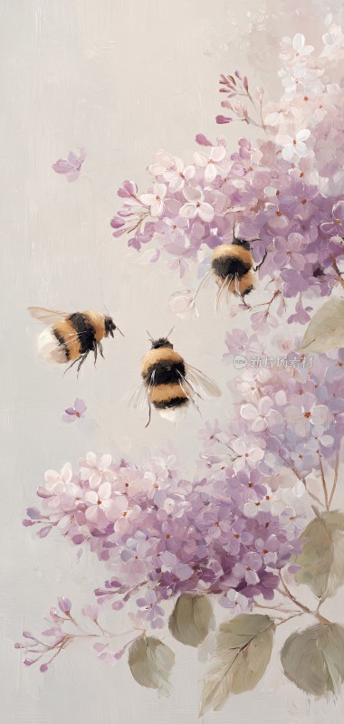 蜜蜂飞舞于紫色花丛画面