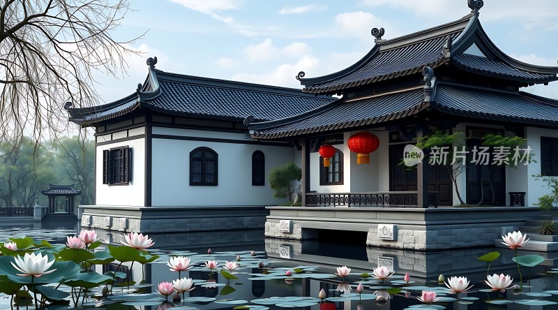 古风建筑荷花池