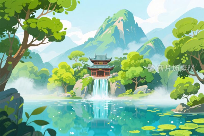 山水古建风景插画