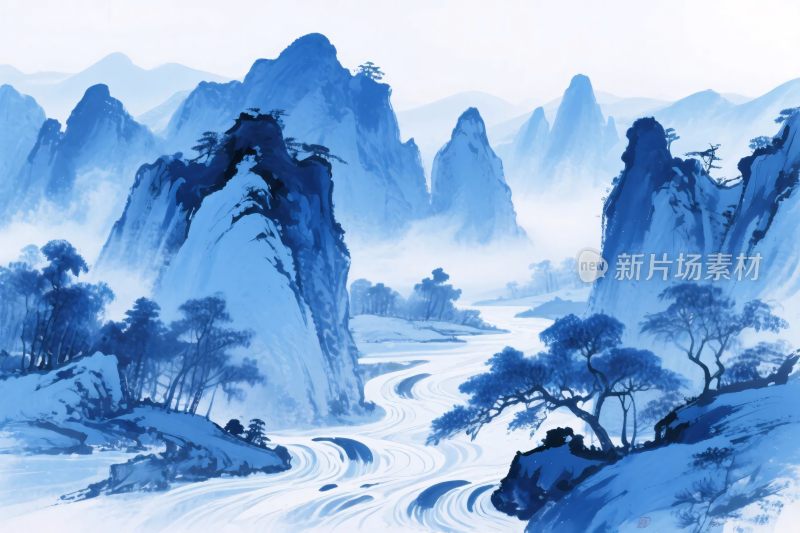 蓝调山水风景插画