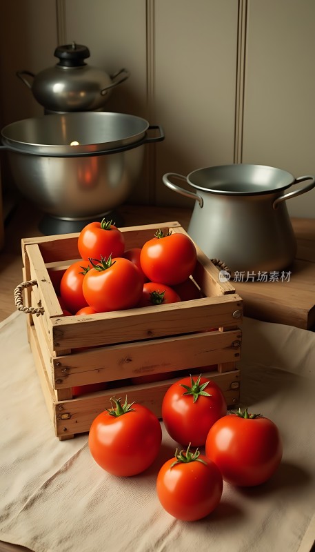 新鲜番茄与厨房锅具