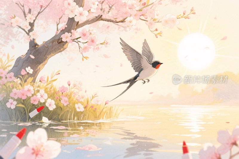 春日樱花燕子插画