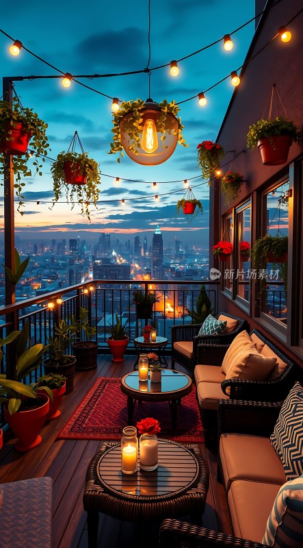 城市夜景下的温馨露台