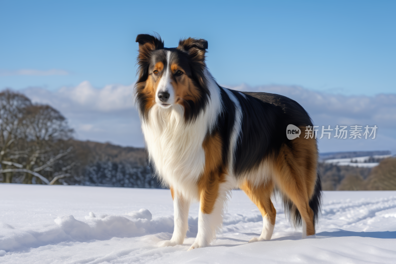 狗站在雪地里的一片田野里树木高清图片