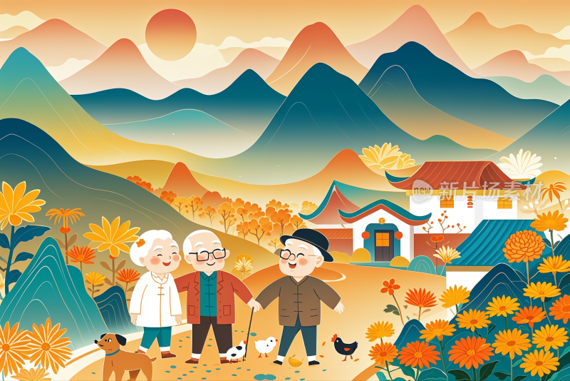 重阳节温馨的老人和睦的家庭重阳节创意插画