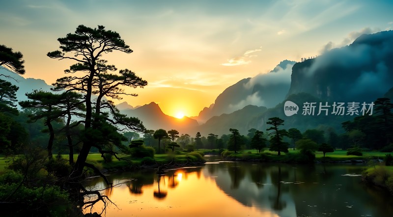 日出湖畔山峦叠翠映水间