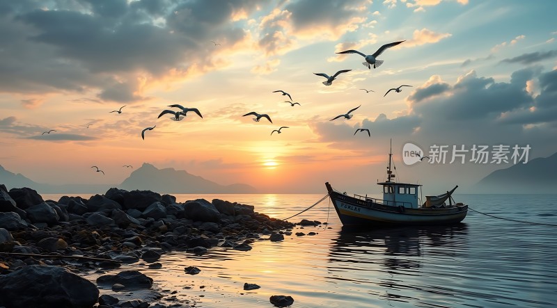 日落渔船归航时海鸥翱翔伴晚霞