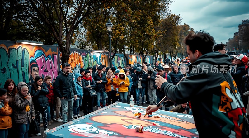 街头艺术家现场创作观众围观