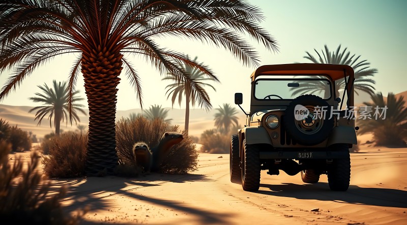 沙漠探险之旅越野车与棕榈树相伴