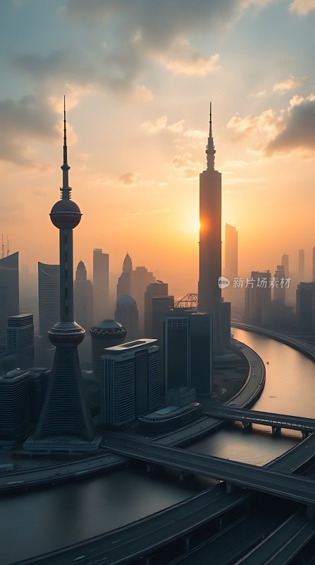 东方明珠与上海中心大厦的日出美景