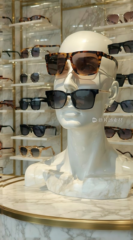 时尚眼镜展示大理石背景下的精致太阳镜陈列