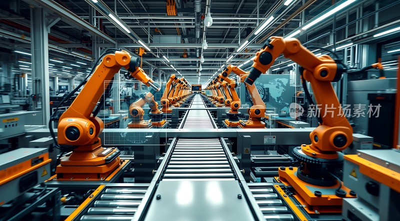 智能生产线上的橙色机械臂协作作业