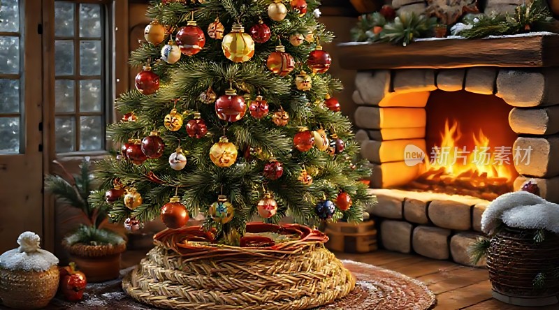 温馨圣诞树旁暖炉旁节日气氛浓厚