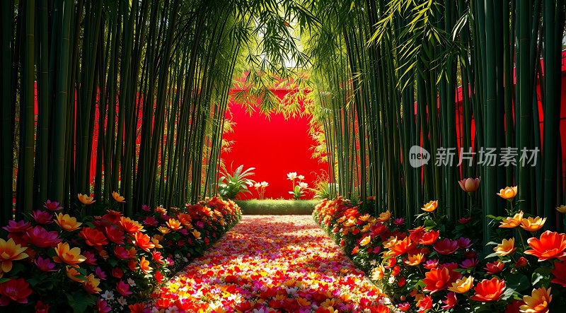 竹影花径红墙映