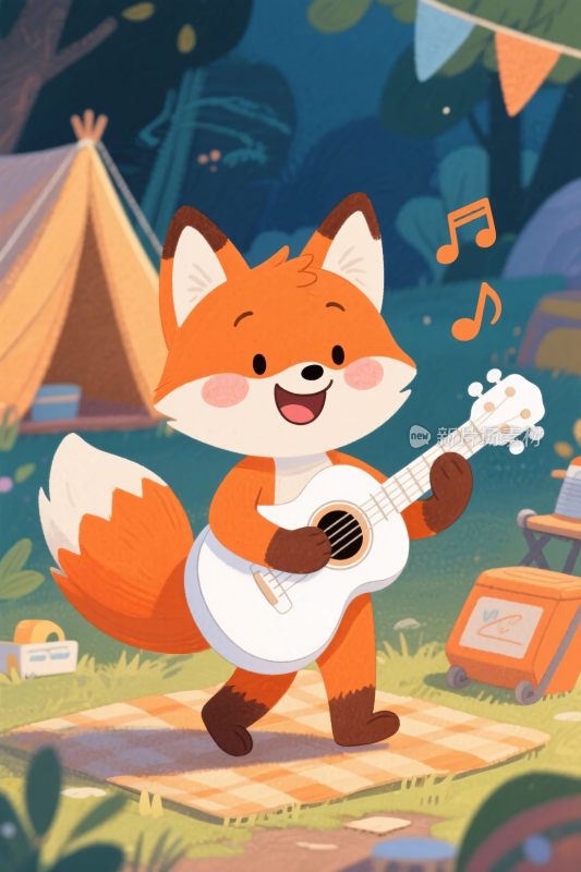 卡通狐狸弹吉他插画