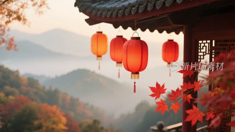 古亭挂红灯笼的秋日美景