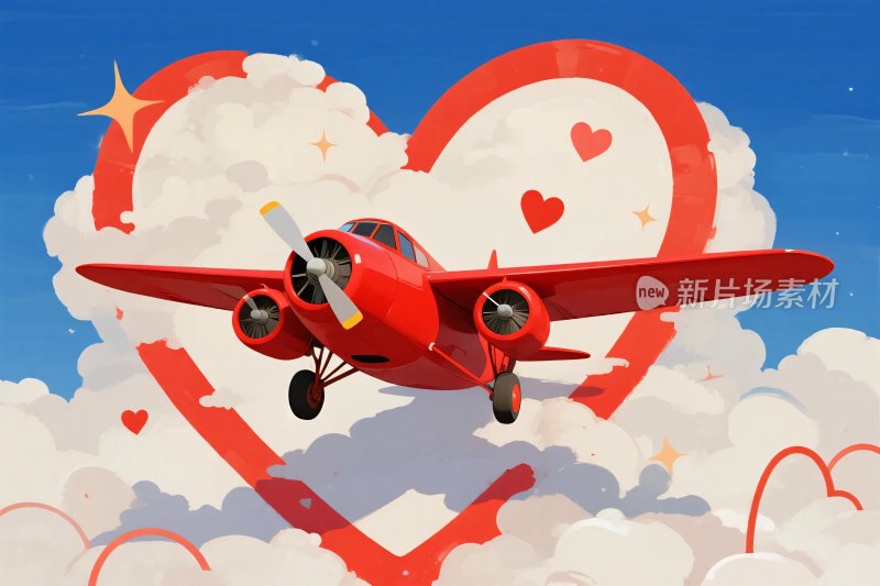 红色飞机爱心云朵插画
