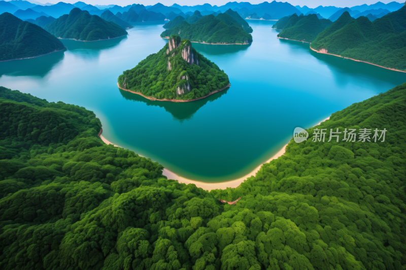 鸟瞰群山树木环绕的湖泊高清风景图片