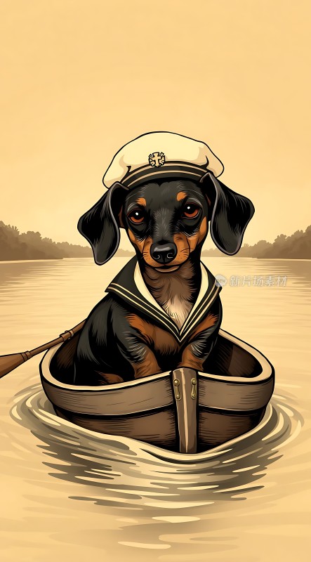 戴水手帽的小狗划船