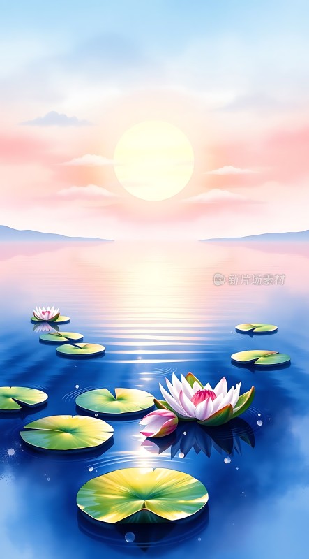 湖畔晨曦映荷花