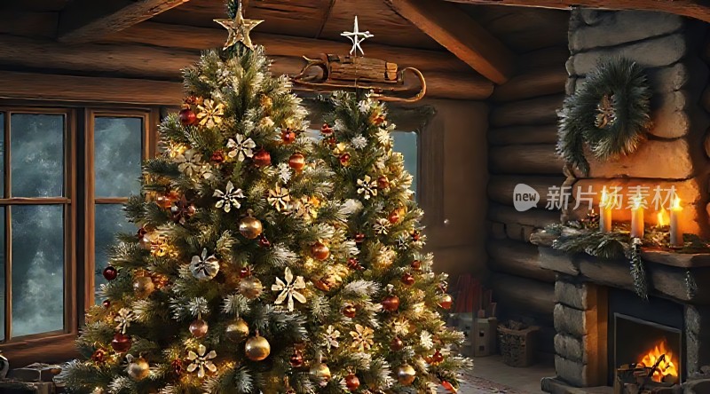 温馨圣诞树下的木屋