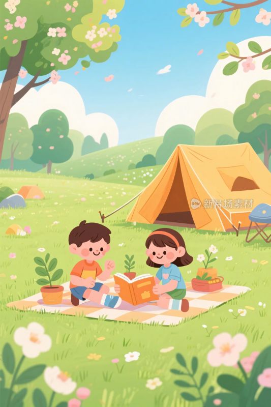 儿童户外野餐阅读场景