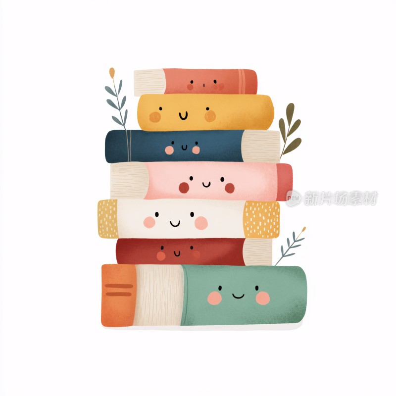 可爱笑脸堆叠书籍插画