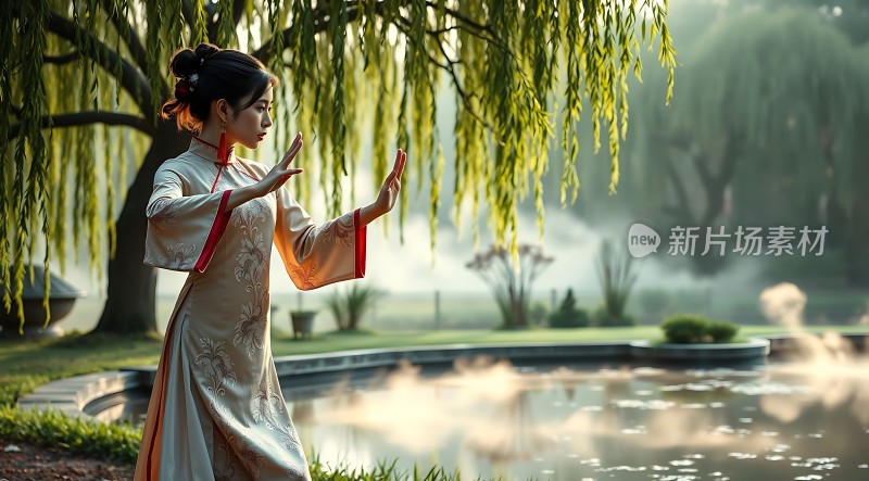 晨光下的女子与自然和谐共处