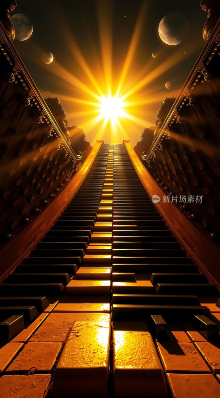 钢琴键上的金色大道