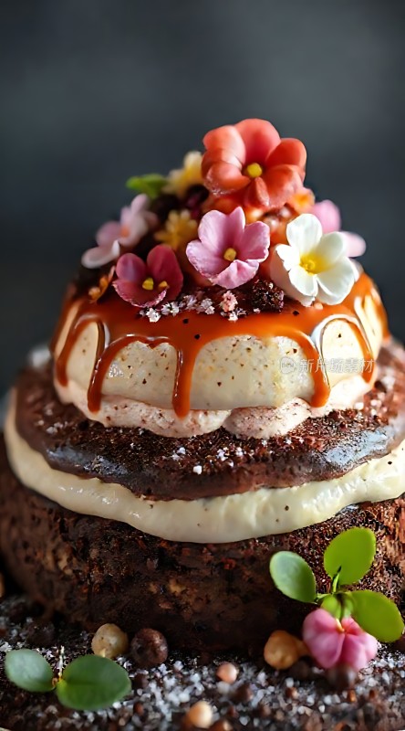 巧克力蛋糕上的精致糖花