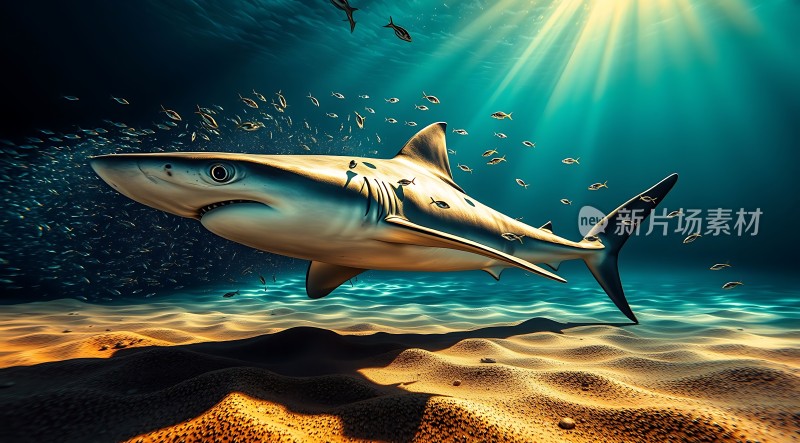 阳光下的鲨鱼与群鱼