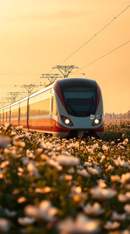 高铁穿花海日落映铁轨