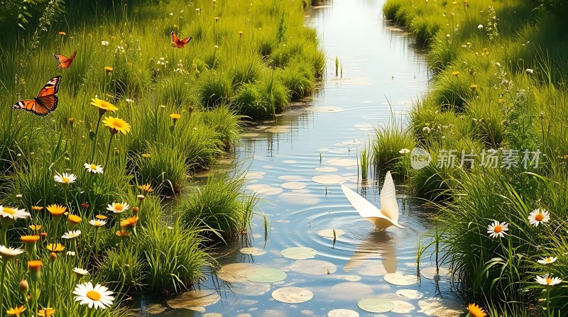 翠波轻漾映白莲蝶舞花间绿意浓