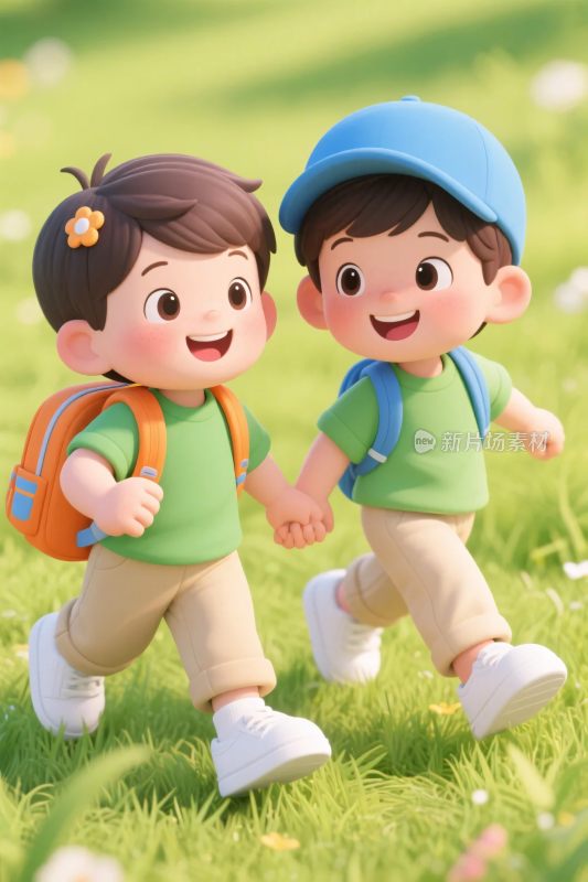 两个小孩草地牵手