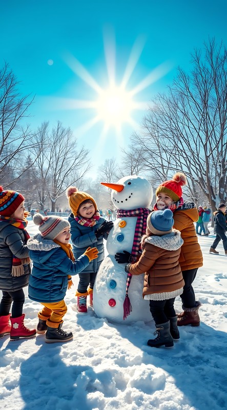 冬日阳光下孩子们堆雪人