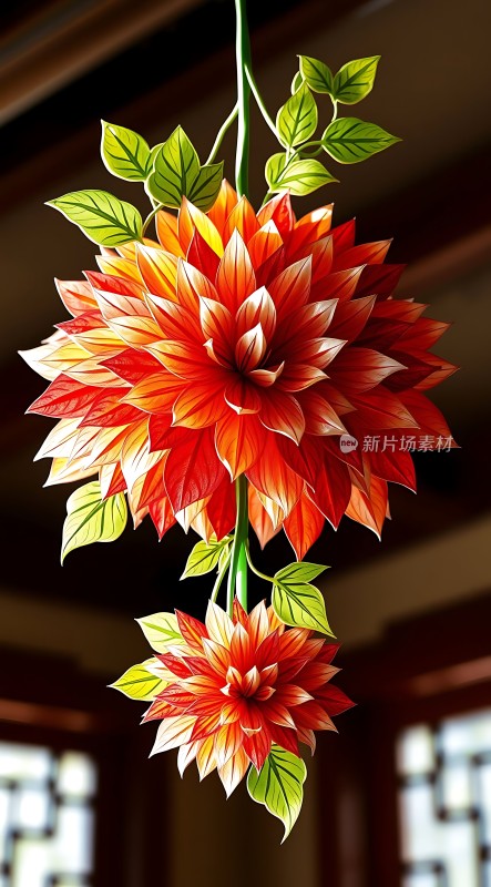 红色渐变花朵与绿叶的组合