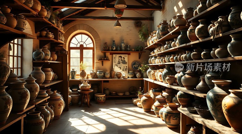 陶艺工坊阳光下的古朴陶罐世界