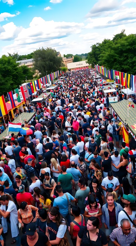 世界文化集市各国旗帜飘扬人群熙攘热闹非凡