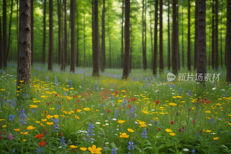 树林里一片野花和其他花卉高清风景图片