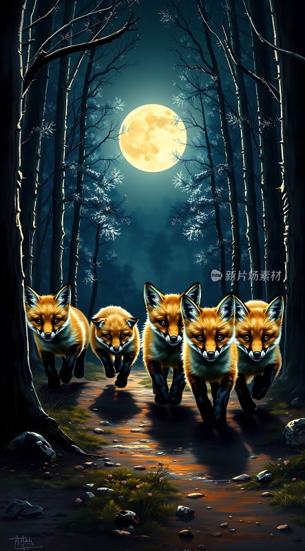 夜色中四只狐狸奔跑在月光下的森林小径上